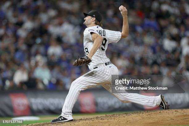 Pitcher Jake Bird of the Colorado Rockies throws against the Los Angeles Dodgers in the seventh inning at Coors Field on September 28, 2023 in...