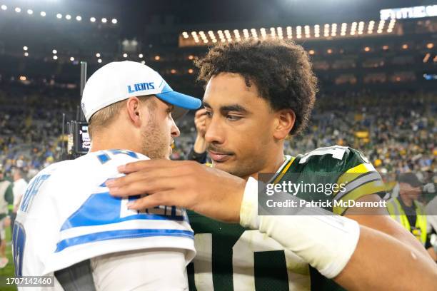 Jordan Love of the Green Bay Packers congratulates Jared Goff of the Detroit Lions after the game at Lambeau Field on September 28, 2023 in Green...