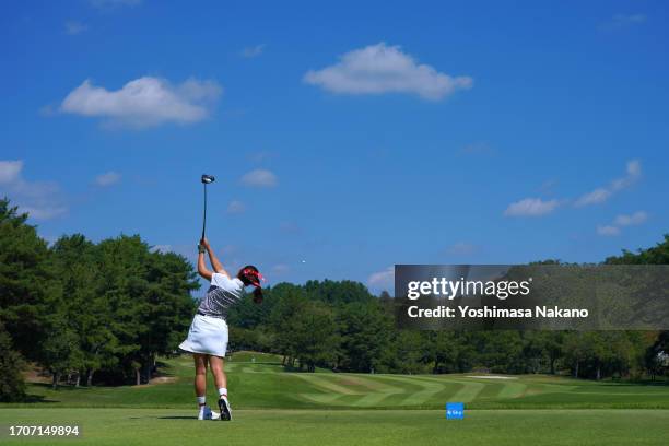 Yui Kawamoto of Japan hits her tee shot on the 9th hole during the final round of Sky Ladies ABC Cup at ABC Golf Club on September 29, 2023 in Kato,...