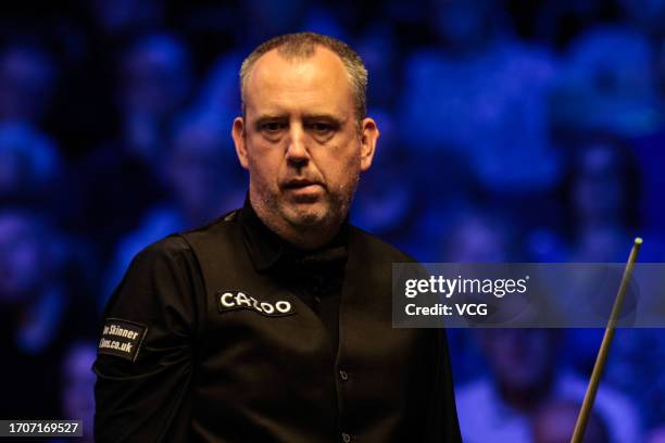 Mark Williams of Wales reacts in the third round match against Ding Junhui of China on day 4 of the 2023 Cazoo British Open at the Centaur on...