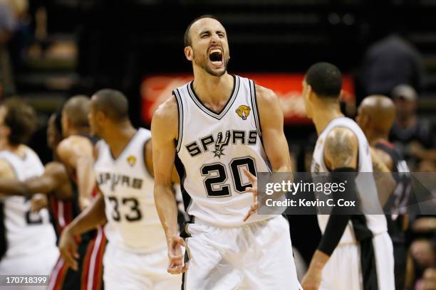 Manu Ginobili of the San Antonio Spurs reacts after making a basket in the third quarter against the Miami Heat during Game Five of the 2013 NBA...