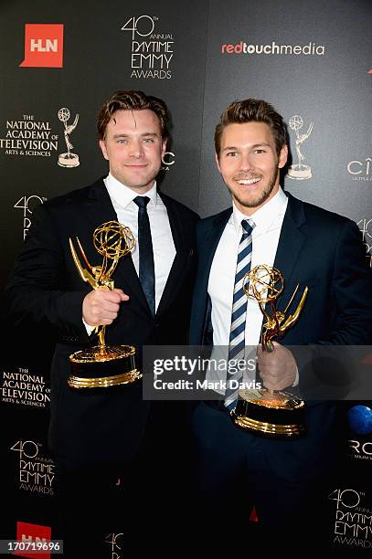 Actors Billy Miller and Scott Clifton pose with the Outstanding Supporting Actor in a Drama Series award for "The Young and the Restless" and "The...