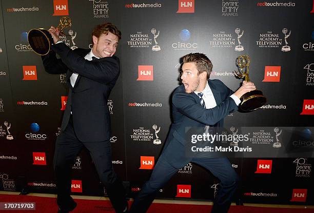 Actors Billy Miller and Scott Clifton pose with the Outstanding Supporting Actor in a Drama Series award for "The Young and the Restless" and "The...