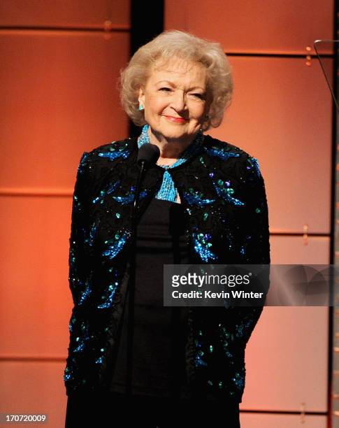 Actress Betty White speaks onstage during The 40th Annual Daytime Emmy Awards at The Beverly Hilton Hotel on June 16, 2013 in Beverly Hills,...