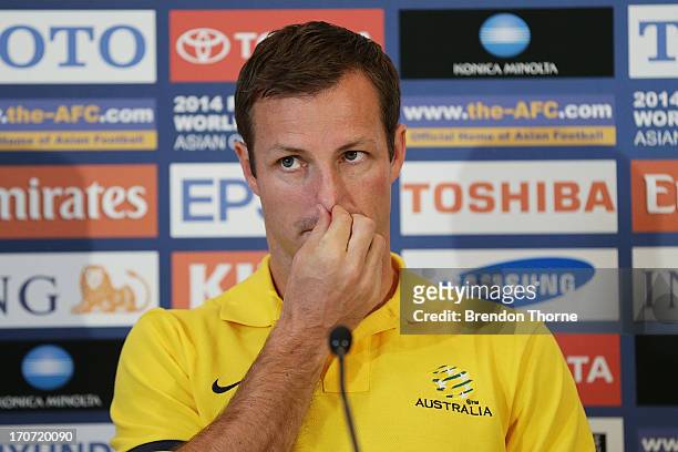 Lucas Neill speaks during an Australian Socceroos press conference at the InterContinental Hotel on June 17, 2013 in Sydney, Australia.