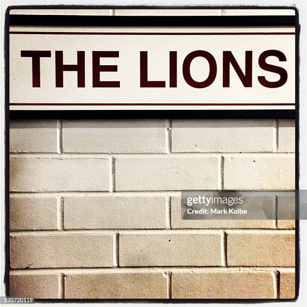 The Lions team sign is seen on the wall outside their dressing room before the match between the NSW Waratahs and the British & Irish Lions at...