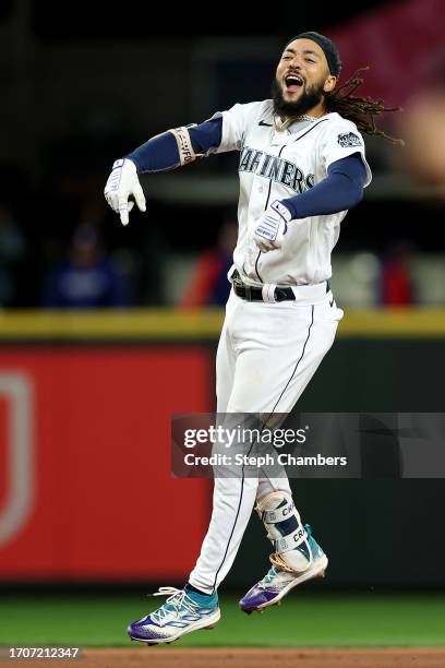 Crawford of the Seattle Mariners celebrates his walk-off double against the Texas Rangers to win 3-2 at T-Mobile Park on September 28, 2023 in...