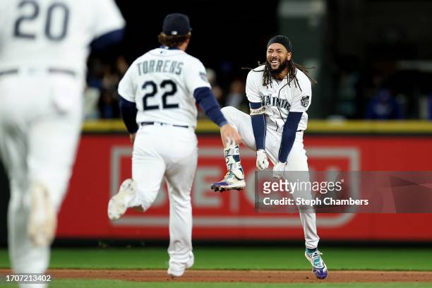 Crawford of the Seattle Mariners celebrates his walk-off single against the Texas Rangers to win 3-2 at T-Mobile Park on September 28, 2023 in...