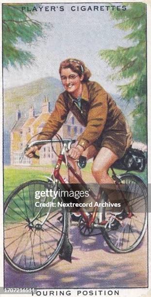 Collectible tobacco or cigarette card, 'Cycling' series, published in 1939 by John Player and Sons Cigarettes, depicting the 100 year history of the...