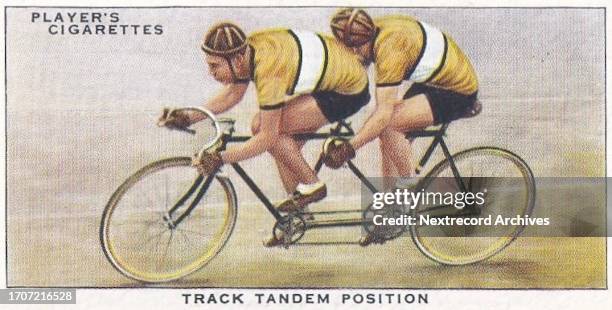 Collectible tobacco or cigarette card, 'Cycling' series, published in 1939 by John Player and Sons Cigarettes, depicting the 100 year history of the...