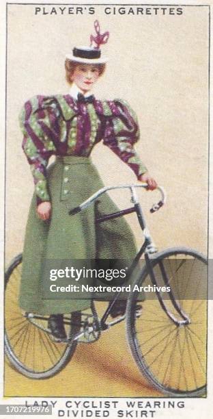 Collectible tobacco or cigarette card, 'Cycling' series, published in 1939 by John Player and Sons Cigarettes, depicting the 100 year history of the...