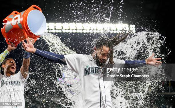 Crawford of the Seattle Mariners celebrates his walk-off double against the Texas Rangers to win 3-2 at T-Mobile Park on September 28, 2023 in...