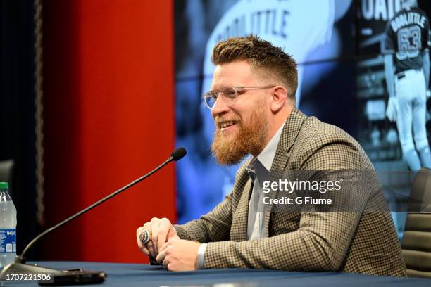 Sean Doolittle of the Washington Nationals talks at a press conference about his retirement at Nationals Park on September 22, 2023 in Washington, DC.
