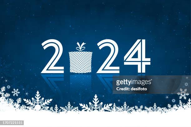 white color text 2024, 0 a wicker basket present gift box , over dark midnight navy blue horizontal shining glittering smudged vector happy new year celebration backgrounds for greeting cards, posters and banners with snowflakes and snow border at bottom - snow white eps stock illustrations