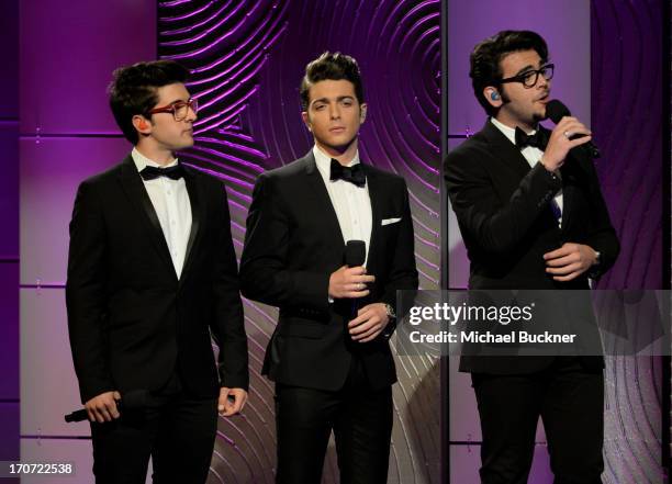 Singers Piero Barone, Gianluca Ginoble and Ignazio Boschetto of Il Volo perform onstage during the 40th Annual Daytime Emmy Awards at the Beverly...