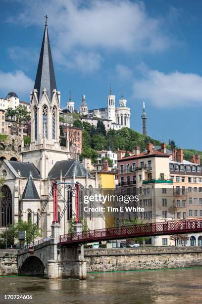 river and church lyon, france - lyon france stock pictures, royalty-free photos & images