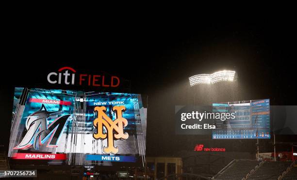 Play was suspended in the top of the ninth inning between the New York Mets and the Miami Marlins at Citi Field on September 28, 2023 in the Flushing...
