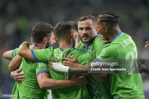 The Seattle Sounder players celebrate a first half Jordan Morris goal during an MLS matchup between the Seattle Sounders and the LA Galaxy on October...