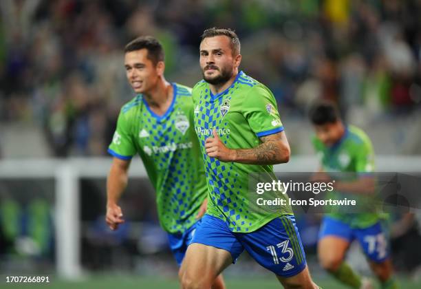 Seattle Sounders forward Jordan Morris reacts after his first half goal during a MLS matchup between the Seattle Sounders and the LA Galaxy on...