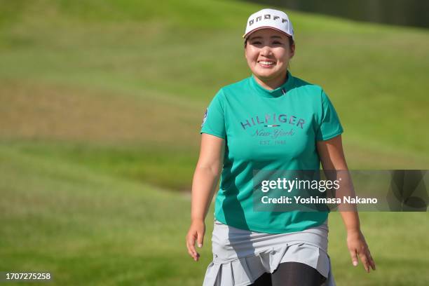 Mitsuki Kobayashi of Japan celebrates after holing out 18 during the final round of Sky Ladies ABC Cup at ABC Golf Club on September 29, 2023 in...