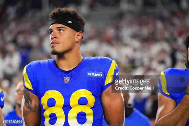 Brycen Hopkins of the Los Angeles Rams looks on from the sideline prior to at Paycor Stadium on September 25, 2023 in Cincinnati, Ohio.