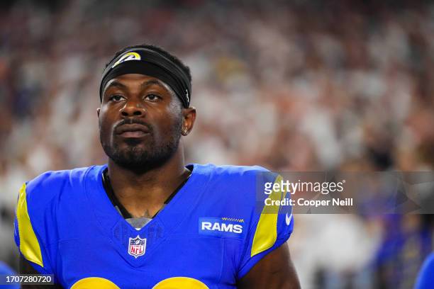 Duke Shelley of the Los Angeles Rams looks on from the sideline prior to at Paycor Stadium on September 25, 2023 in Cincinnati, Ohio.