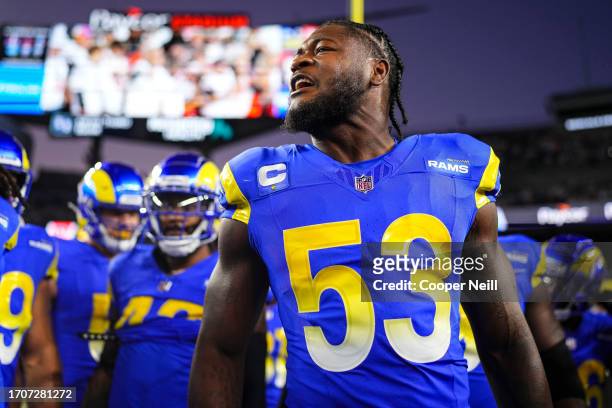 Ernest Jones of the Los Angeles Rams leads a huddle prior to at Paycor Stadium on September 25, 2023 in Cincinnati, Ohio.