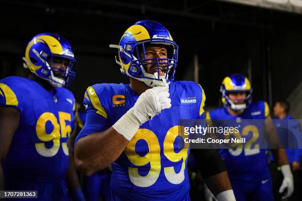 Aaron Donald of the Los Angeles Rams looks on from the tunnel prior to at Paycor Stadium on September 25, 2023 in Cincinnati, Ohio.