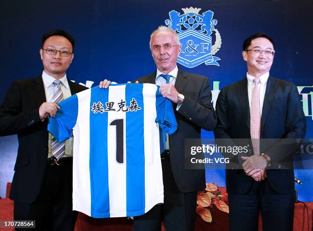 Swedish football manager Sven-Goran Eriksson attends press conference after being announced as Guangzhou R&F F.C. Head coach on June 17, 2013 in...