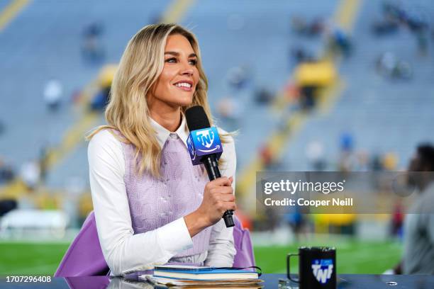 Charissa Thompson on the Amazon Prime Video Thursday Night Football pregame set prior to an NFL football game at Lambeau Field on September 28, 2023...