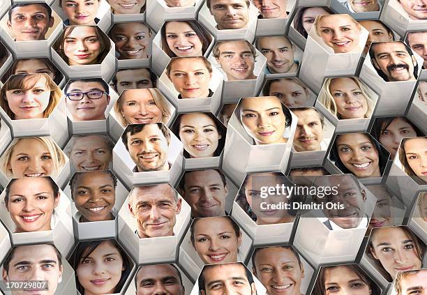 honeycomb formation of portraits, various heights - faces grid stock pictures, royalty-free photos & images