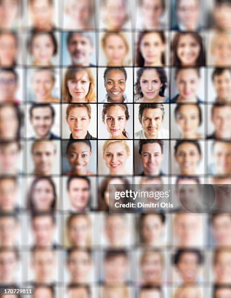 grid of portraits, all blurred but one sharp one - large group of objects photos stock pictures, royalty-free photos & images