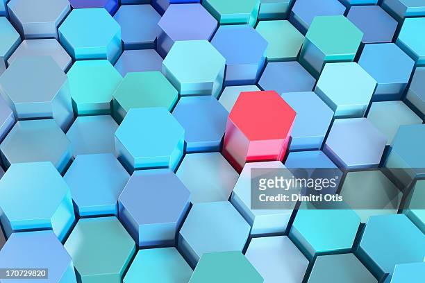 Many blue hexagons, various heights, one red