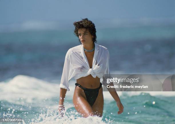 Princess Stephanie of Monaco on the set of the video clip of the song "Ouragan". Mauritius May 1986.