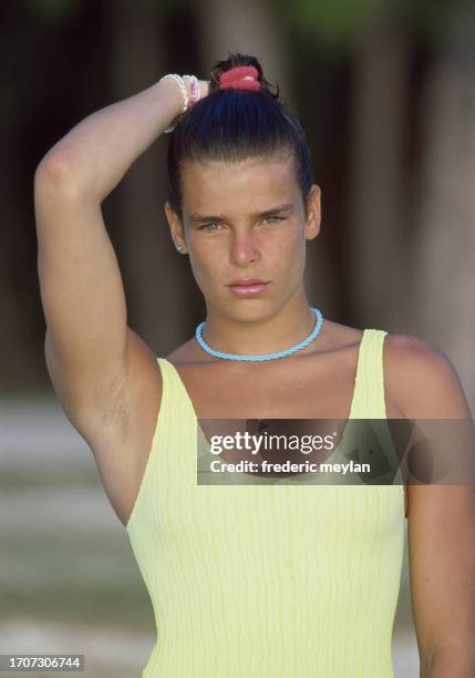 Princess Stephanie of Monaco on the set of the video clip of the song "Ouragan". Mauritius May 1986.