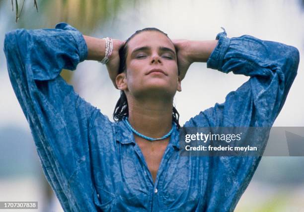Princess Stephanie of Monaco on the set of the video clip of the song "Ouragan". Mauritius May 1986.