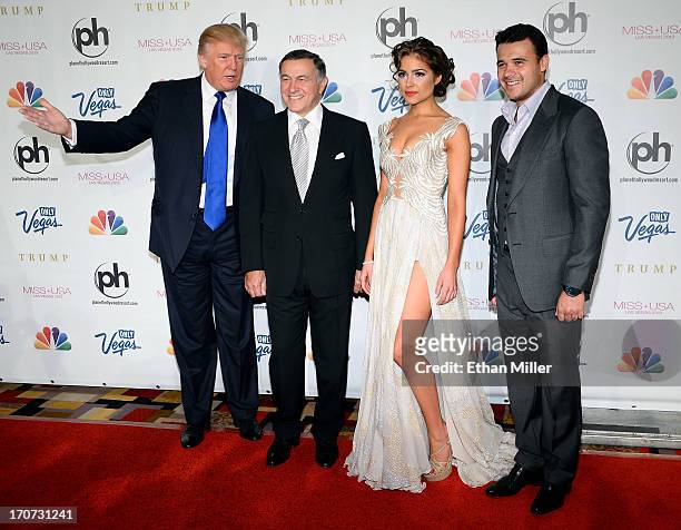 Donald Trump, Aras Agalarov, Miss Universe 2012 Olivia Culpo and Russian singer Emin Agalarov arrive at the 2013 Miss USA pageant at Planet Hollywood...