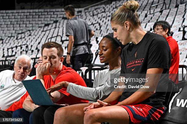 Head Coach Eric Thibault, Assistant Coach Latoya Sanders and Elena Delle Donne of the Washington Mystics before the game against the New York Liberty...