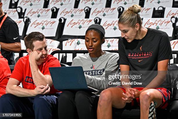 Head Coach Eric Thibault, Assistant Coach Latoya Sanders and Elena Delle Donne of the Washington Mystics before the game against the New York Liberty...