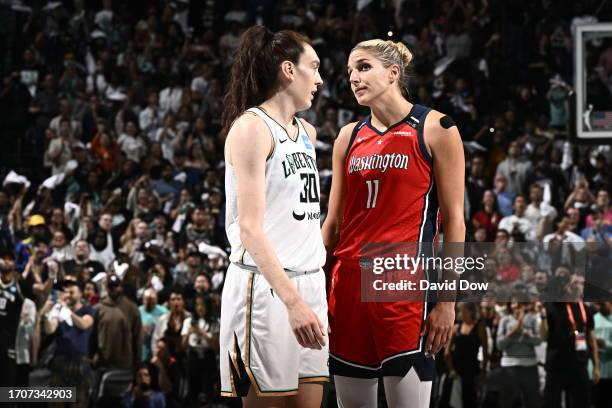 Breanna Stewart of the New York Liberty speaks with Elena Delle Donne of the Washington Mystics during the game during round one game one of the 2023...
