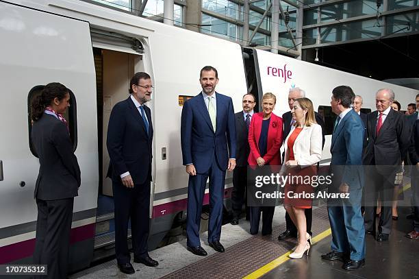 Prince Felipe of Spain and Spanish Prime Minister Mariano Rajoy attend the official inauguration of the new Alta Velocidad Espanola high speed Madrid...