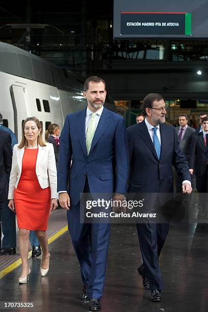 Prince Felipe of Spain and Spanish Prime Minister Mariano Rajoy attend the official inauguration of the new Alta Velocidad Espanola high speed Madrid...