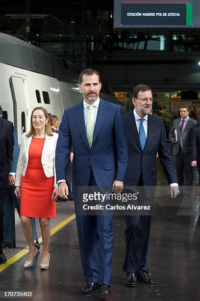 Prince Felipe of Spain and Spanish Prime Minister Mariano Rajoy attend the official inauguration of the new Alta Velocidad Espanola high speed Madrid...