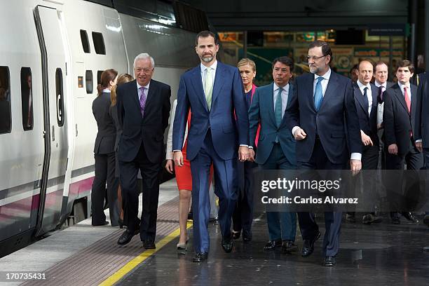 Prince Felipe of Spain and Spanish Prime Minister Mariano Rajoy attend the official inauguration of the new Alta Velocidad Espanola high speed Madrid...