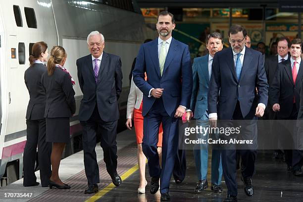 Prince Felipe of Spain and Spanish Prime Minister Mariano Rajoy attend the official inauguration of the new Alta Velocidad Espanola high speed Madrid...