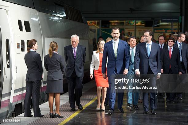 Prince Felipe of Spain and Spanish Prime Minister Mariano Rajoy attend the official inauguration of the new Alta Velocidad Espanola high speed Madrid...