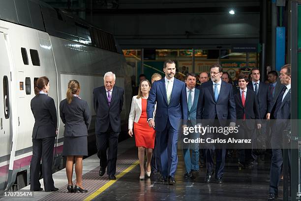 Prince Felipe of Spain and Spanish Prime Minister Mariano Rajoy attend the official inauguration of the new Alta Velocidad Espanola high speed Madrid...