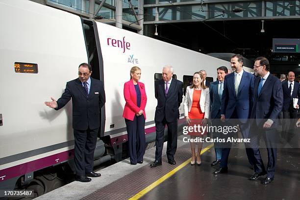 Prince Felipe of Spain and Spanish Prime Minister Mariano Rajoy attend the official inauguration of the new Alta Velocidad Espanola high speed Madrid...