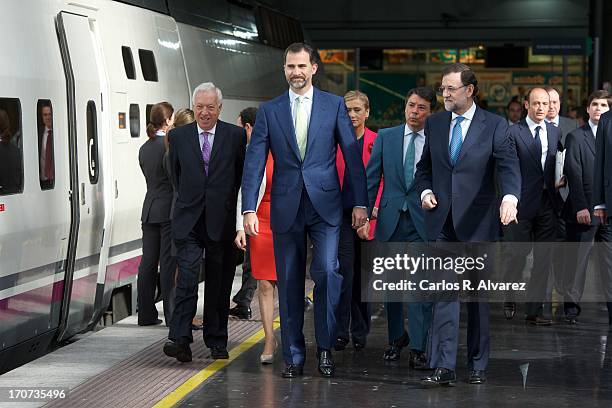 Prince Felipe of Spain and Spanish Prime Minister Mariano Rajoy attend the official inauguration of the new Alta Velocidad Espanola high speed Madrid...