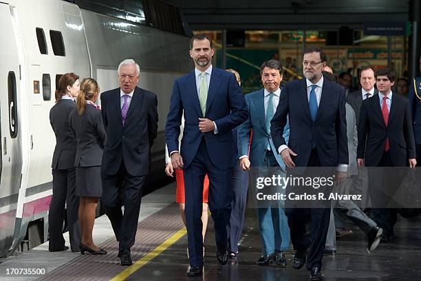 Prince Felipe of Spain and Spanish Prime Minister Mariano Rajoy attend the official inauguration of the new Alta Velocidad Espanola high speed Madrid...